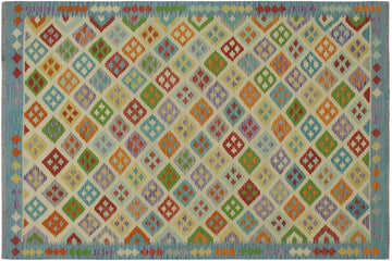 Flat Weave Kilim, Antique, Navaho, Vintage, Handmade, Modern Kilim Beige Blue Hand-Woven Rectangle 100% Wool Area Rug 6 x 8